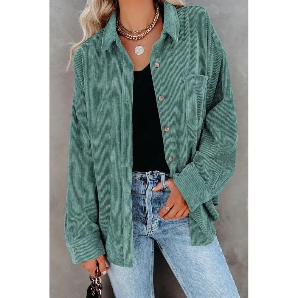 Women Green Collared V Neck Button Down Oversized Long Sleeve Shirt Top - Picture 5 of 6